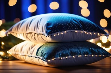 World Sleep Day, modern bedroom interior, cozy atmosphere, luxury hotel, a stack of white and blue pillows wrapped in a garland, glow and bokeh