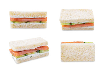Salmon cucumber dill cream cheese tea sandwich on a white isolated background