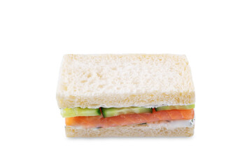 Salmon cucumber dill cream cheese tea sandwich on a white isolated background