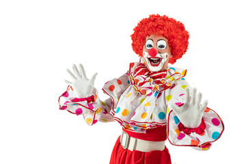Funny clown. Entertainer Joker in colorful suit and wig. Buffoon with clown whiteface makeup....
