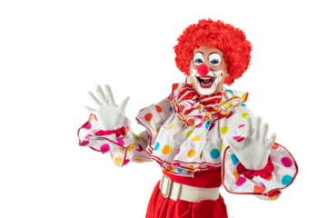 Funny clown. Entertainer Joker in colorful suit and wig. Buffoon with clown whiteface makeup. Trickster, jester, pantomime, mime. Professional actor at event, kids party, circus