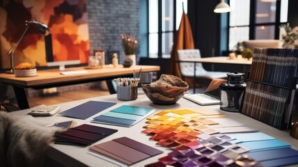 designer workplace - interior paint color and furniture material samples - obrazy, fototapety, plakaty