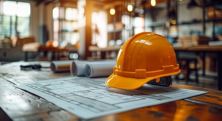 A sturdy yellow hard hat rests on a wooden table amidst a sea of blueprints, a symbol of protection and purpose in the indoor construction world