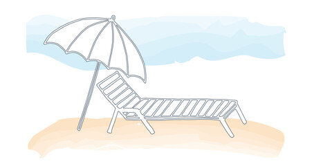 Beach lounger and umbrella on the sand under blue sky. Abstract summer background, vector doodle illustration of summer vacation, relaxation at sea.