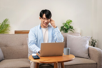 Businessman in casual is sitting comfortable sofa and wearing headphones to explaining business information