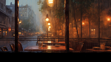 Fototapeta premium Rain in the city. Cafe in the evening during the rain. Painting, illustration