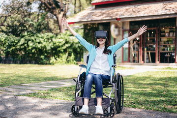 Woman on wheelchair concept, Young asian woman on wheelchair using VR headset to playing games