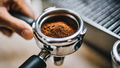 Freshly ground coffee pours into a portafilter, highlighting the art of espresso-making - obrazy, fototapety, plakaty