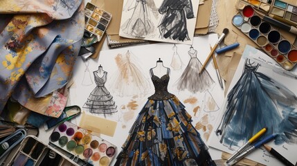
An overhead illustration featuring various fashion dress sketches arranged alongside fabric swatches and a color palette in a workshop setting.




 - obrazy, fototapety, plakaty