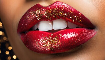 Luxurious Red Glitter Lips with Sparkles.High Fashion