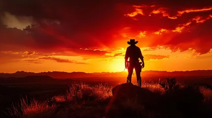 Rolgordijnen Silhouette of a cowboy with a gun in the mountains at sunset. Bounty hunter in a rugged landscape, silhouetted against a fiery sunset, emphasizing the lone and mysterious nature of the profession. © Oskar Reschke