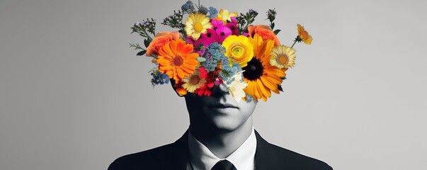 
An illustration of a male figure in a black and white suit with his face obscured by a bouquet of colorful flowers against a gray background.