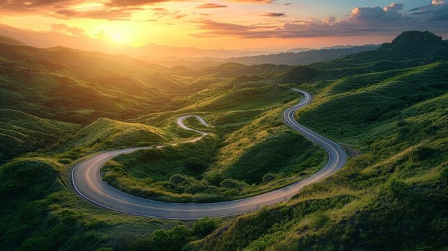 Winding road through the hills at sunset. Curvy road winding through a lush, mountainous landscape during a vibrant sunset. 