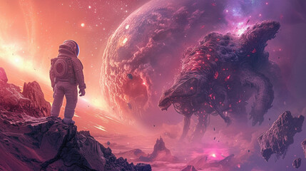 Picture a futuristic landscape where a human astronaut encounters an alien being on a distant, uncharted planet The backdrop is a vividly imagined alien terrain, with bizarre flora and a galaxy