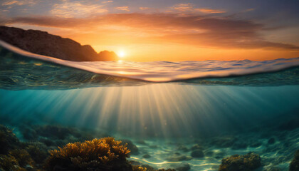  sunlight penetrates underwater realm, illuminating life above and below - obrazy, fototapety, plakaty
