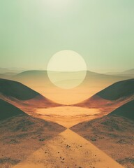 sun circle geometric shape in the middle of the desert  against blue sky. Surreal desert landscape with a mirage of a crystal-clear oasis that deceives the viewer.  - obrazy, fototapety, plakaty