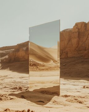 Mirror in the middle of the desert.  abstract cube in the desert against blue sky. Surreal desert landscape with a mirage of a crystal-clear oasis that deceives the viewer. 