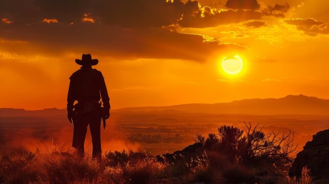 Silhouette of a cowboy with a gun in the mountains at sunset. Bounty hunter in a rugged landscape, silhouetted against a fiery sunset, emphasizing the lone and mysterious nature of the profession.