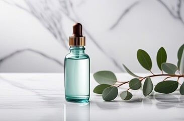 Glass dropper bottle with a pippette with rubber tip on the beautiful background. Nature Skin concept. Organic Spa Cosmetics. Eco friendly care organic Cosmetic product. Beauty treatment. Spa Concept.