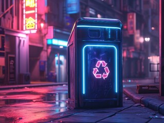 Futuristic glowing hologram of the recycle bins on city street. AI generated image