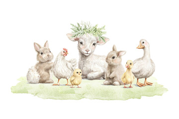 Cute vintage rabbits, goose, lamb, chicken and gosling animals set with floral wreath on meadow isolated on white background. Watercolor hand drawn illustration sketch