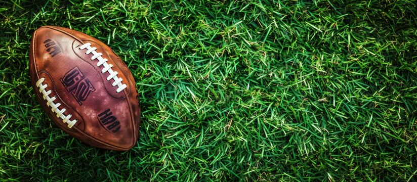 Close up American football ball on the lush green grass texture background. AI generated image