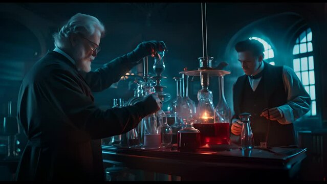 Professor and his assistant make scientific experiments in a vintage laboratory. Victorian style. Research, discovery and invention concept.
