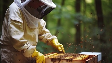 The beekeeper works in the apiary, takes care of the bees, checking the hive. Capturing a close-up moment, the beekeeper inspects a worker bee covered in golden pollen.