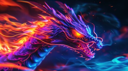 Illustration fantasy Fiery dragon in neon color in the dark sky. AI generated image