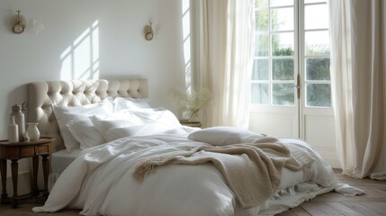 Fototapeta na wymiar Interior of light bedroom with comfortable bed