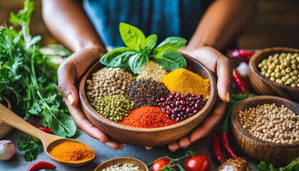 Hands cradle a vibrant bowl of spices, legumes, and herbs, symbolizing diversity, abundance, and culinary artistry