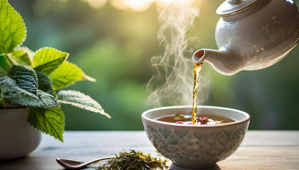 Hot herbal tea poured into bowl, creating peaceful ambiance in the morning setting  - obrazy, fototapety, plakaty