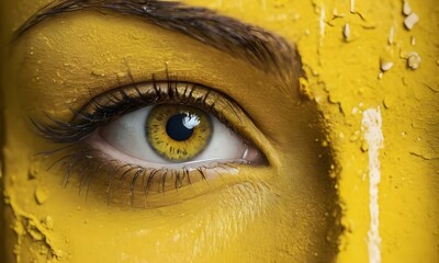 A close up view of a yellow woman eye covered in yellow paint