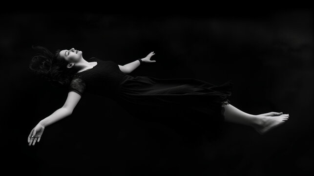 A woman floating in darkness