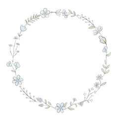 Round frame with varied simple small flowers, plants and leaves isolated on white background. Watercolor hand drawn illustration