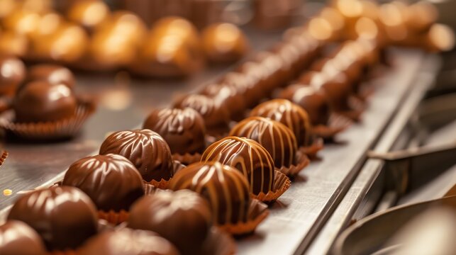 A close-up view of chocolate candies being molded on a production line in a confectionery factory, with a warm lighting atmosphere,