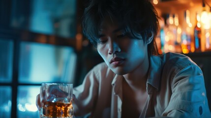 Alcoholism, sad depressed asian young man drink whiskey, - obrazy, fototapety, plakaty