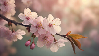 Japanese Cherry Blossom Branch and soft pastel lighting, delicate blooms symbolizing transience and renewal, with copy space