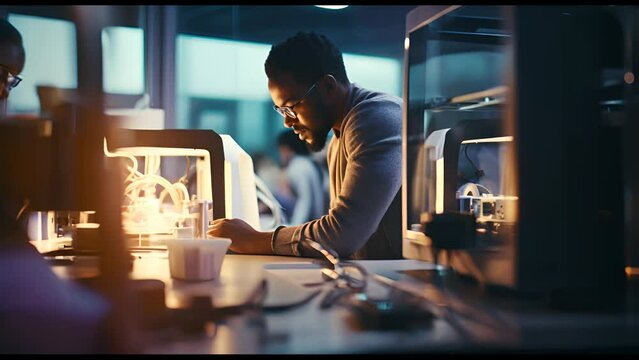 Engineer prints a prototype model on a 3d printer in a laboratory using equipment. Creativity, technology and 3d printing concept.