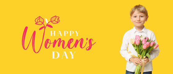 Festive banner for Happy Women's Day with little boy holding bouquet of beautiful tulips