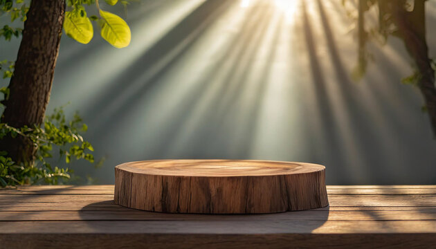 Minimal wood podium in sunlight. Ideal for branding and packaging