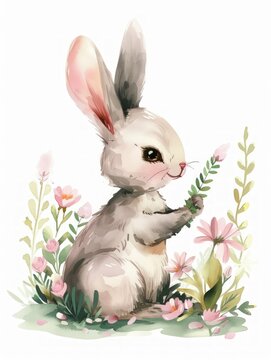 Cool bunny rabbit easter with plant with watercolor style. AI generated image