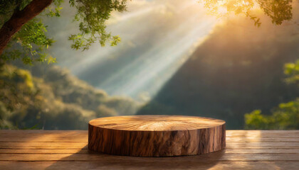 Minimal wood podium in sunlight. Ideal for branding and packaging