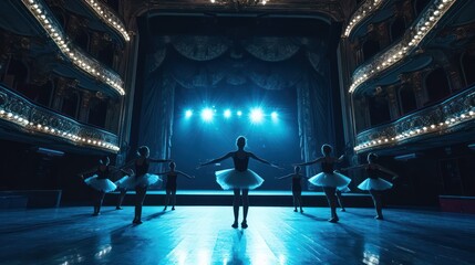 Ballet dancers rehearsing on stage in empty theater - obrazy, fototapety, plakaty