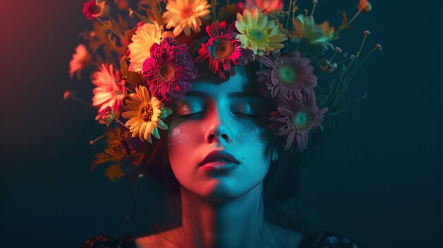 Illustration a woman in hairstyle with flowers on dark background. AI generated image
