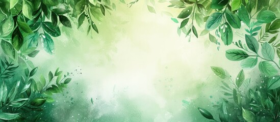 Illustration watercolor lush green leaves on blur Background. AI generated image