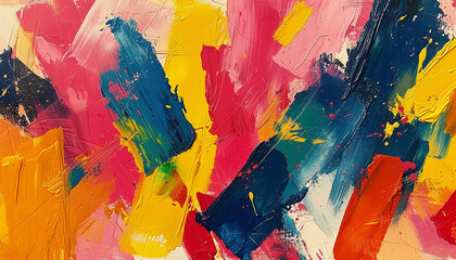 Abstract expressionist painting with bold palette knife strokes in vibrant yellow, pink, and blue hues.