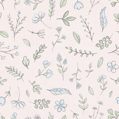 Seamless pattern with varied simple small flowers, plants and leaves on pink paper texture background. Watercolor hand drawn illustration