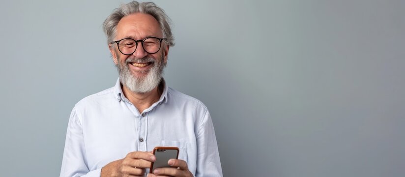 Portrait a happy senior man using gadget technology. AI generated image