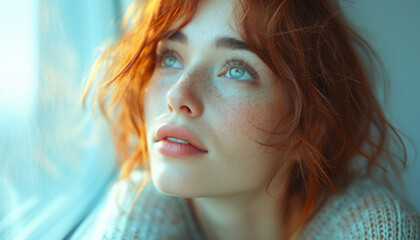 Fototapeta premium Portrait of a thoughtful young woman with freckles, gazing out, her red hair and serene expression illuminated by natural light.
